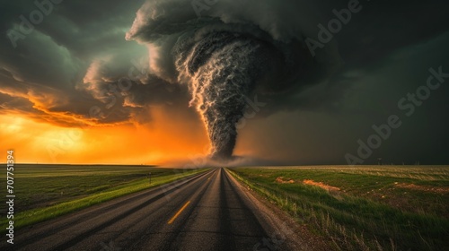 A powerful tornado moves under the road. Catastrophic natural phenomenon photo