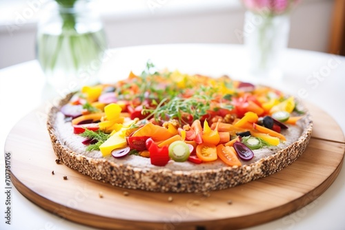 whole raw vegan pizza with a flaxseed crust on a glass plate