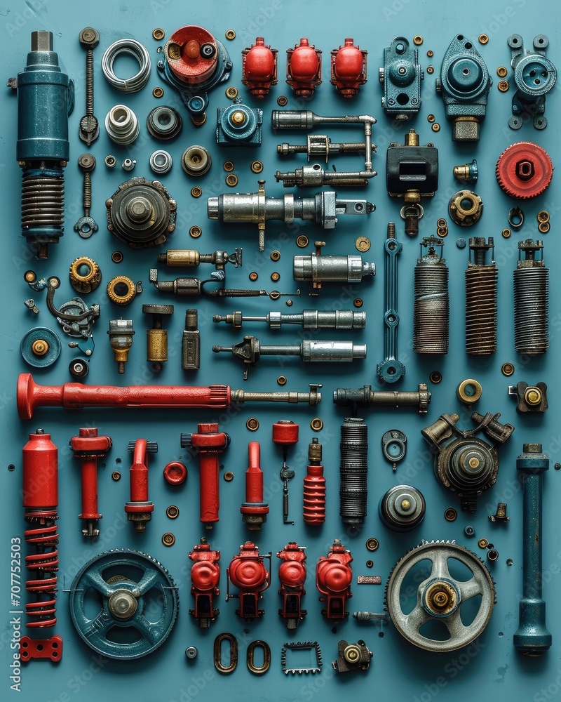 Car mechanic in the style of knolling. Generative AI.