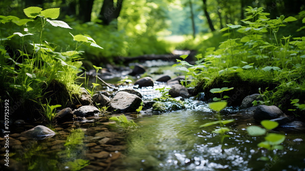 A babbling brook, with lush greenery along the banks as the background, during a gentle spring rain A babbling brook, with lush greenery along the banks as the background, during a gentle spring rain