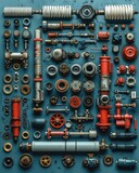 Car mechanic in the style of knolling. Generative AI.