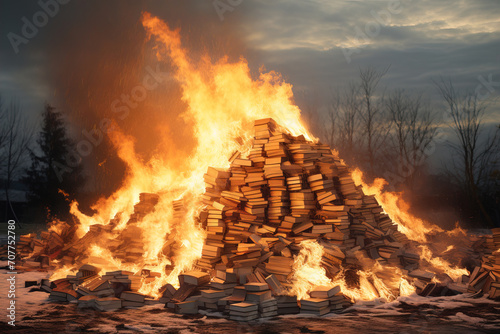 Burning books. A large pile of books burns on fire in nature photo