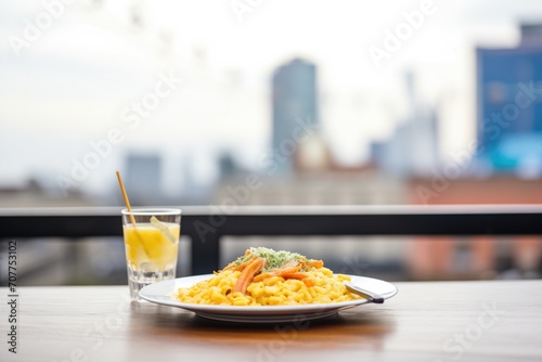 diner eating risotto milanese outdoors, with cityscape in the background