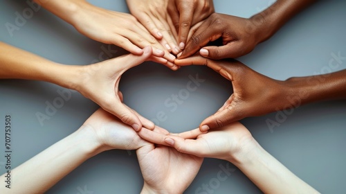 Very big copy space, Symbolic representation of unity and diversity, It shows the hands of several individuals forming a heart shape against a plain. Generative AI. photo