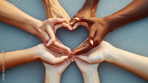 Very big copy space, Symbolic representation of unity and diversity, It shows the hands of several individuals forming a heart shape against a plain. Generative AI.