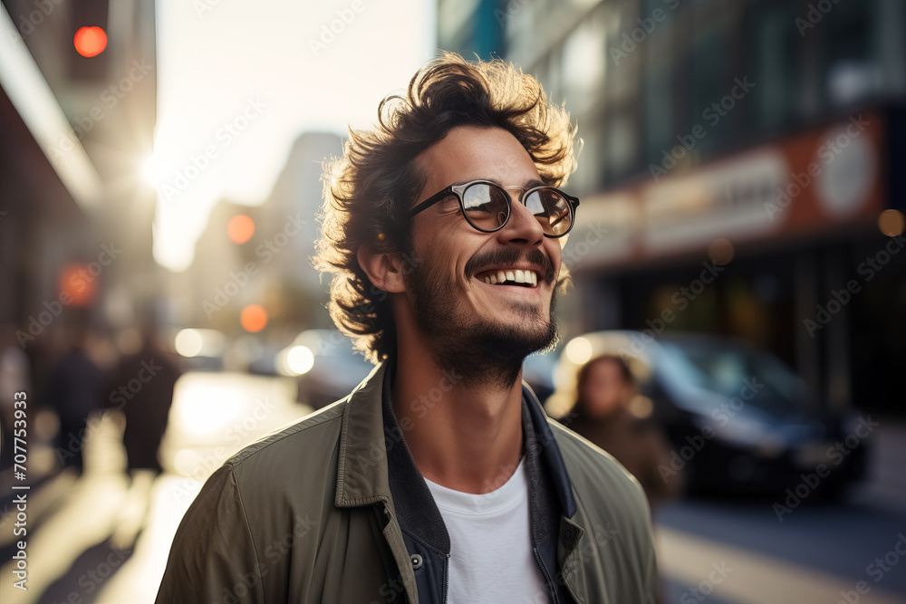 Portrait of a happy smiling young man on a city street. The Concept of Success Portrait of a happy smiling young man on a city street. The Concept of Success