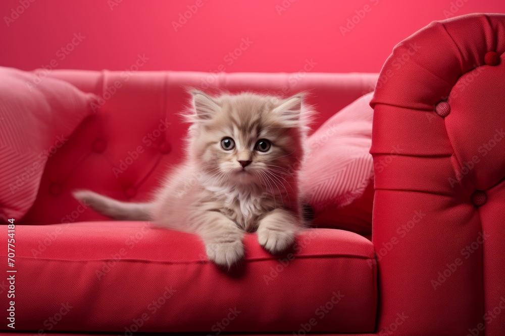 A charming cute fluffy kitten lies resting on a pink sofa, a trendy interior color and a cat.