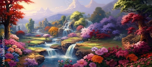 Fototapeta Naklejka Na Ścianę i Meble -  Picturesque summer landscape with waterfalls on the river, flowers on the river bank against the background of remote mountains, paradise