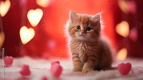 A charming cute ginger fluffy kitten with a garland in the shape of little hearts. Red Postcard with a cat for Valentines Day.