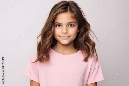 Portrait of a cute little girl in pink t-shirt.