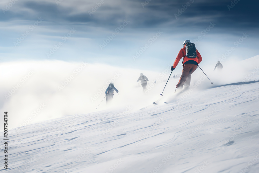 A skier glides down a snowy mountain slope, enjoying the winter sport adventure