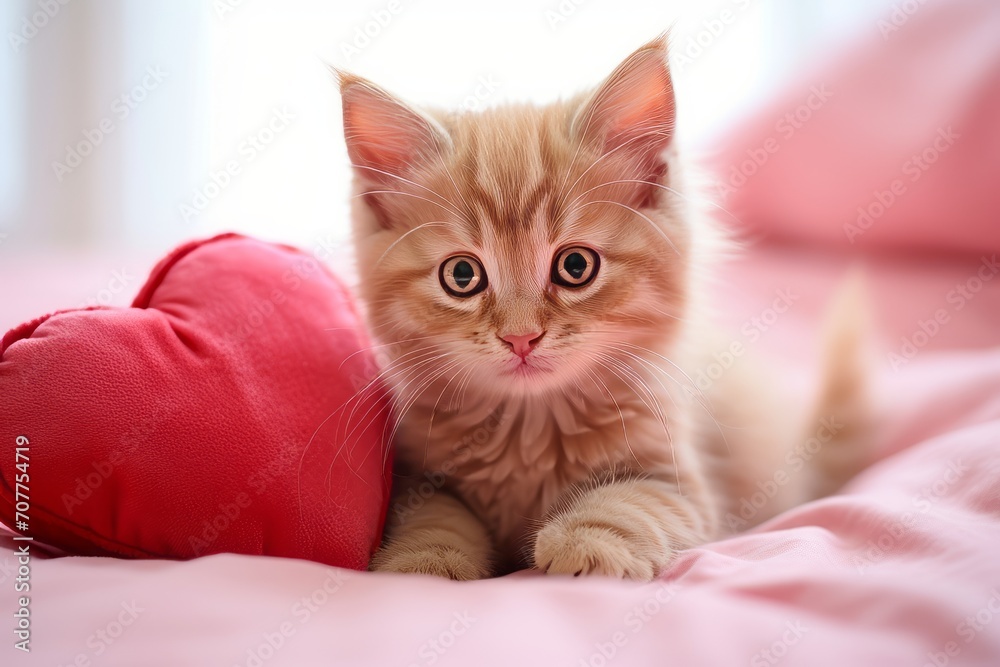 Postcard with a cat for Valentines Day. A charming ginger fluffy kitten lies with red pillow toy heart on bed indoor.