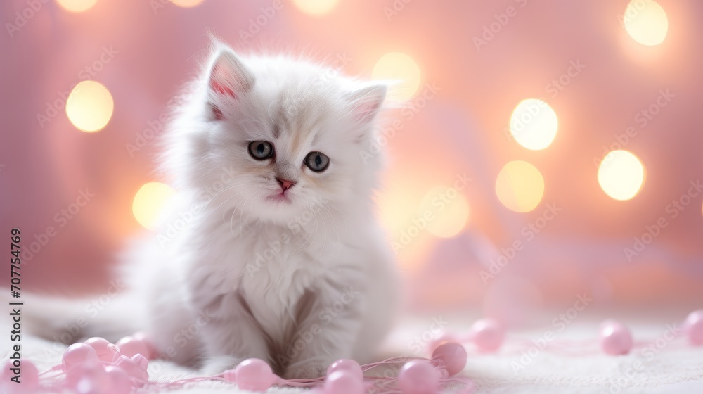 A charming cute white fluffy kitten with a garland on pink background. Postcard with a cat for Valentines Day.