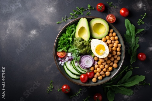 Chickpea avocado quinoa bowl. Bowl With Healthy Salad. Bowl of colourful salad with eggs and seeds. Poke bowl. Quinoa salad in bowl with avocado, herbs, spinat on concrete rustic background. superfood
