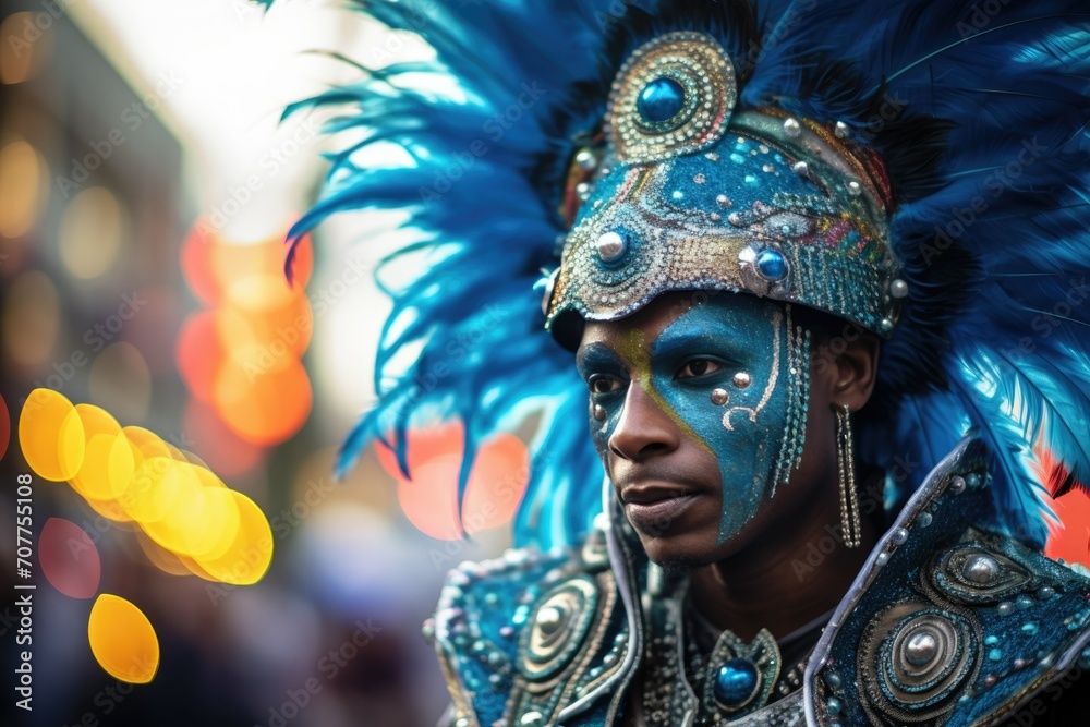 The man is dark-skinned. Masquerade Festival, Carnival. Suit with blue feathers. holiday. mask, head ornament. Painted face. artist. circus. presentation.