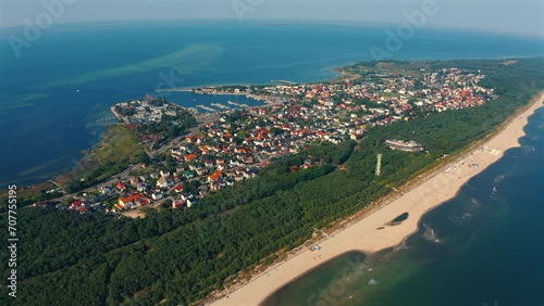 Aerial panoramic view of drone flying above the Jastarnia city located on Hel penisula in Poland photo
