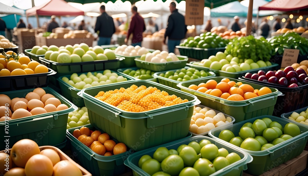 Eco-friendly food containers in a farmer's market setting