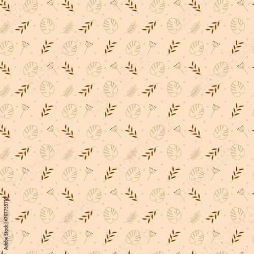 Simple vintage pattern. Small black flowers, leaves and dots. Light beige background. Fashionable print for textiles and wallpaper. © Katya