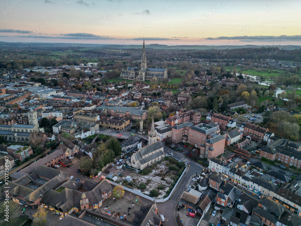 Salisbury centre aerial drone shot morning