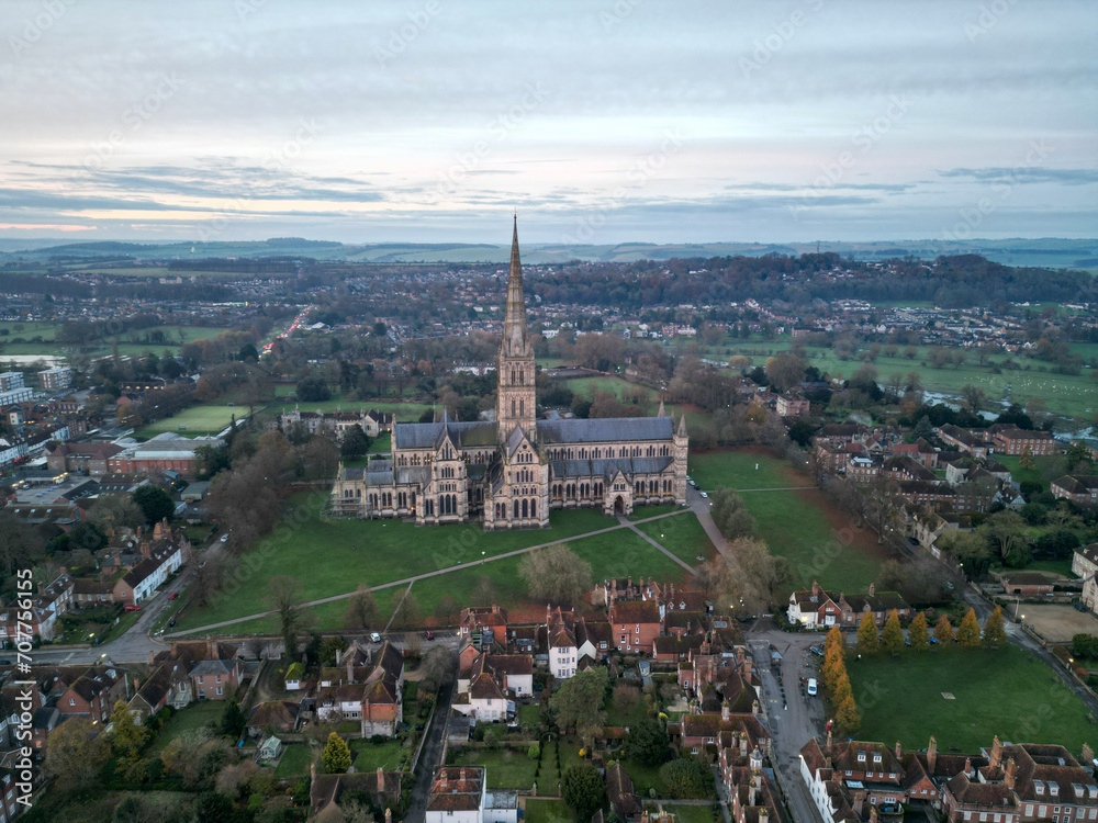 Salisbury Cathedral aerial drone shot morning 