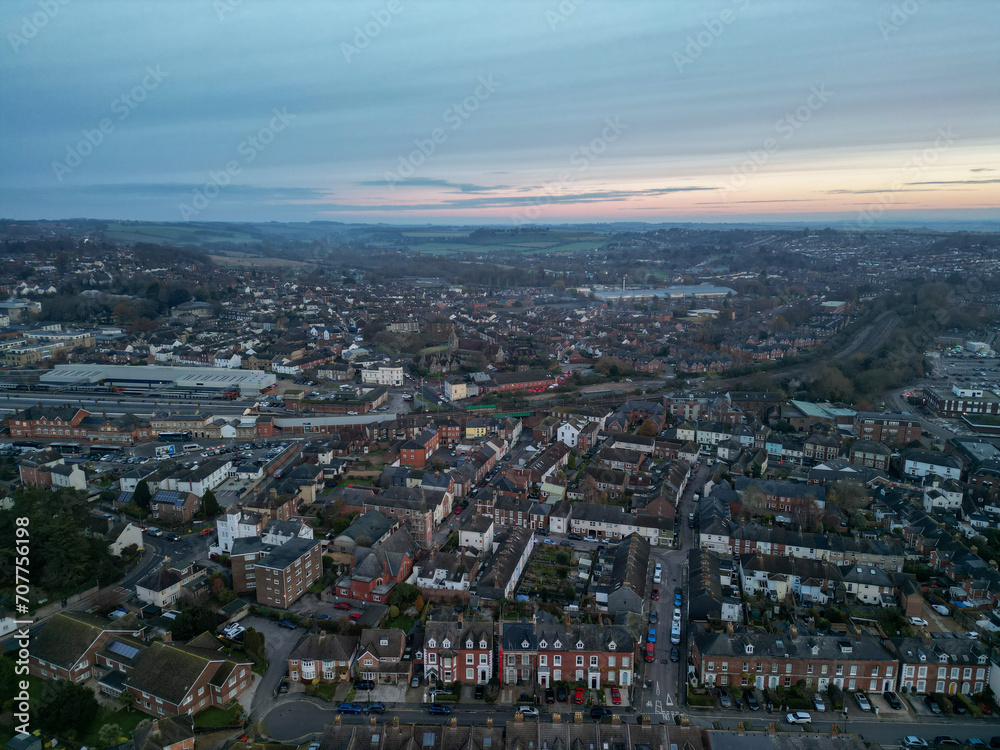 Salisbury aerial shot of Cathedral early morning 