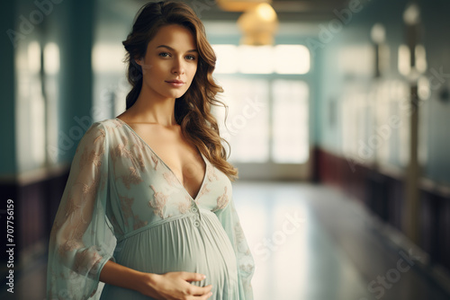 Retrato de mujer embarazada en el pasillo del hospital deseando conocer a su nuevo bebé. Concepto de maternidad.