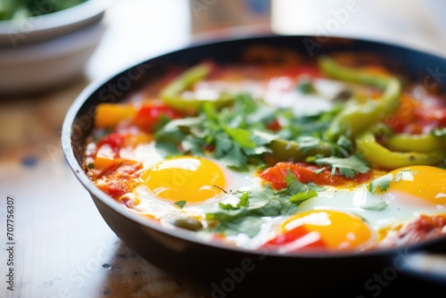 partially cooked shakshuka, runny yolk focus