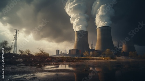 Cooling towers of a nuclear power plant in the evening in the dark against a background of thick smoke. Production of electric and thermal energy. Power generation.