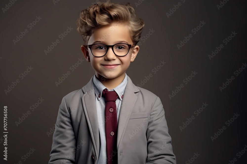 Portrait of a handsome schoolboy in glasses and a gray suit. Studio shot. Portrait of a handsome schoolboy in glasses and a gray suit. Studio shot.