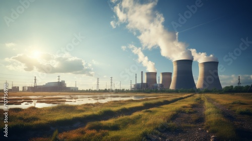 Cooling towers of a nuclear power plant in a field against a blue sky background.