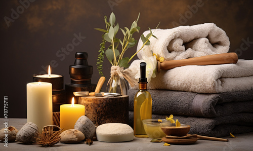 Ingredients and bathroom or spa accessories arranged for presentation. Natural cosmetics and SPA.