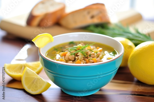 lentil soup in a ceramic bowl with a lemon wedge and bread slice