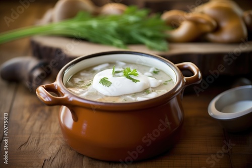 cream of mushroom soup with a dollop of sour cream, in a rustic pot