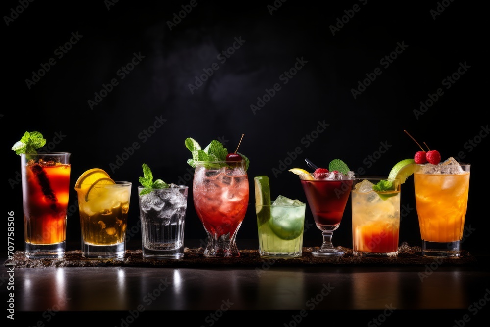 Fototapeta premium Fresh strawberry cocktail. Fresh summer cocktail with strawberry and ice cubes. Glass of strawberry soda drink on dark background. Fresh strawberry cocktail. Fresh summer cocktail with strawberry 