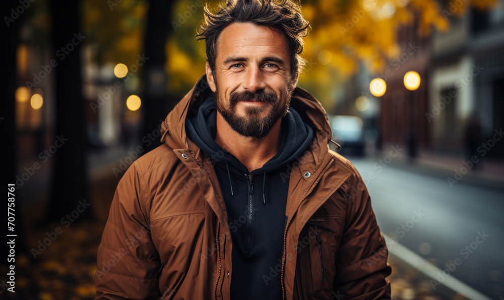 Portrait of a cheerful bearded man with a warm smile, radiating positivity and confidence, standing casually outdoors with a modern urban backdrop Portrait of a cheerful bearded man with a warm smile, radiating positivity and confidence, standing casually outdoors with a modern urban backdrop