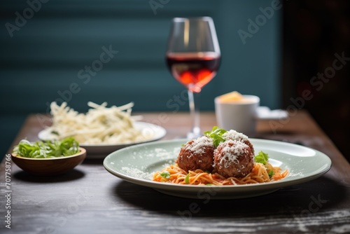 spaghetti and meatballs with grated parmesan  glass of red wine aside