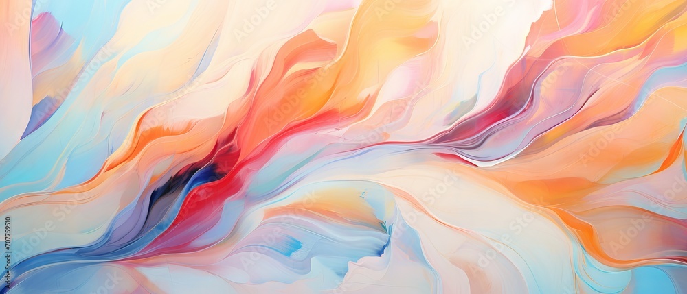 Abstract marbled acrylic paint ink waves texture with bold rainbow colors. Colorful background banner with swirls and curves - obrazy, fototapety, plakaty 