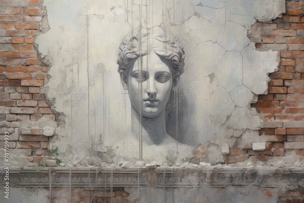 Adolescent girl sculpture amid ancient ruins