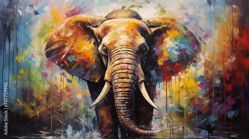 The painted elephant in oil on canvas. Contemporary painting. Textured paint strokes.