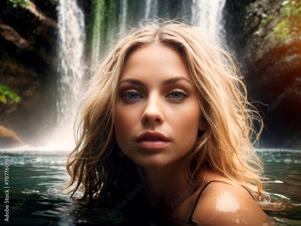 Portrait of a beautiful young woman in the water at the waterfall Portrait of a beautiful young woman in the water at the waterfall