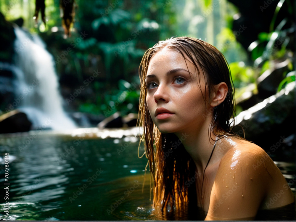 Beautiful young woman in a tropical waterfalls. Bali, Indonesia