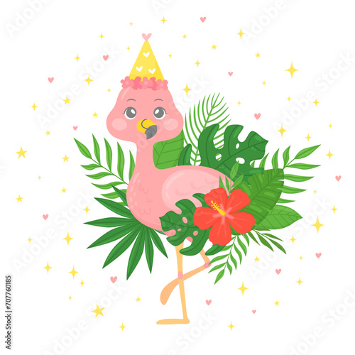 Cute pink flamingo in a festive hat with tropical leaves  flower  stars  hearts. Funny character in a hand-drawn cartoon style. Print for childrens T-shirts  greeting card  poster  invitation. Vector