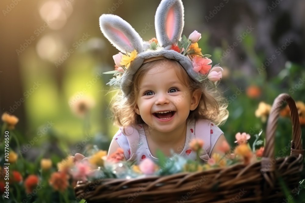 A little, excited girl with bunny ears enjoys an Easter egg hunt in a blooming garden. A little, excited girl with bunny ears enjoys an Easter egg hunt in a blooming garden.