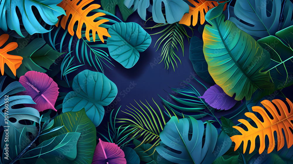 Leaf frame background with layered green foliage on blue background Leaf frame background with layered green foliage on blue background