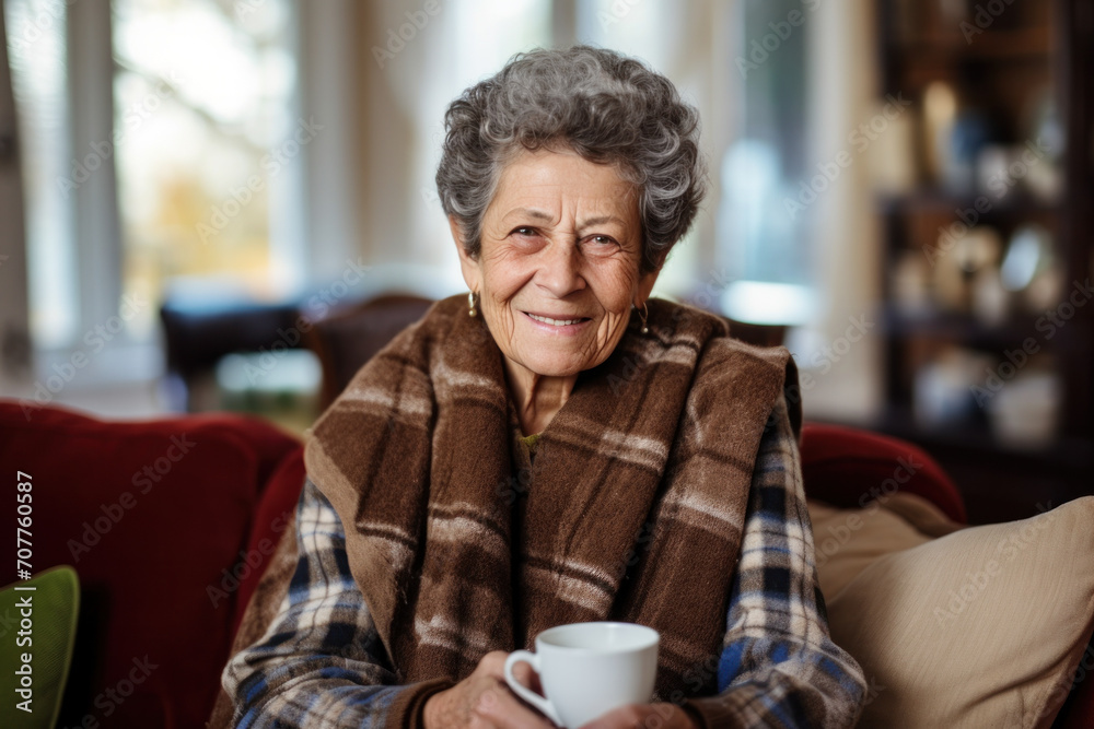 A retired grandmother, positive and smiling, sits on a sofa with a quilt, enjoying tea. A retired grandmother, positive and smiling, sits on a sofa with a quilt, enjoying tea.