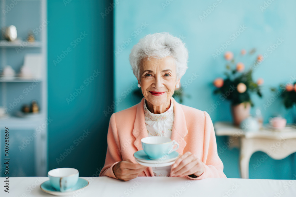 A fashionable and smiling elderly woman enjoys tea in an elegant atmosphere, radiating charm and wisdom. A fashionable and smiling elderly woman enjoys tea in an elegant atmosphere, radiating charm and wisdom.