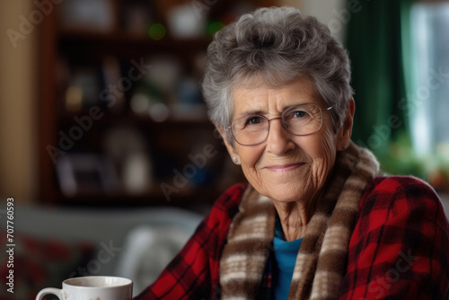 A cheerful elderly woman in eyeglasses, smiling, holds a mug in a cozy, rustic atmosphere.