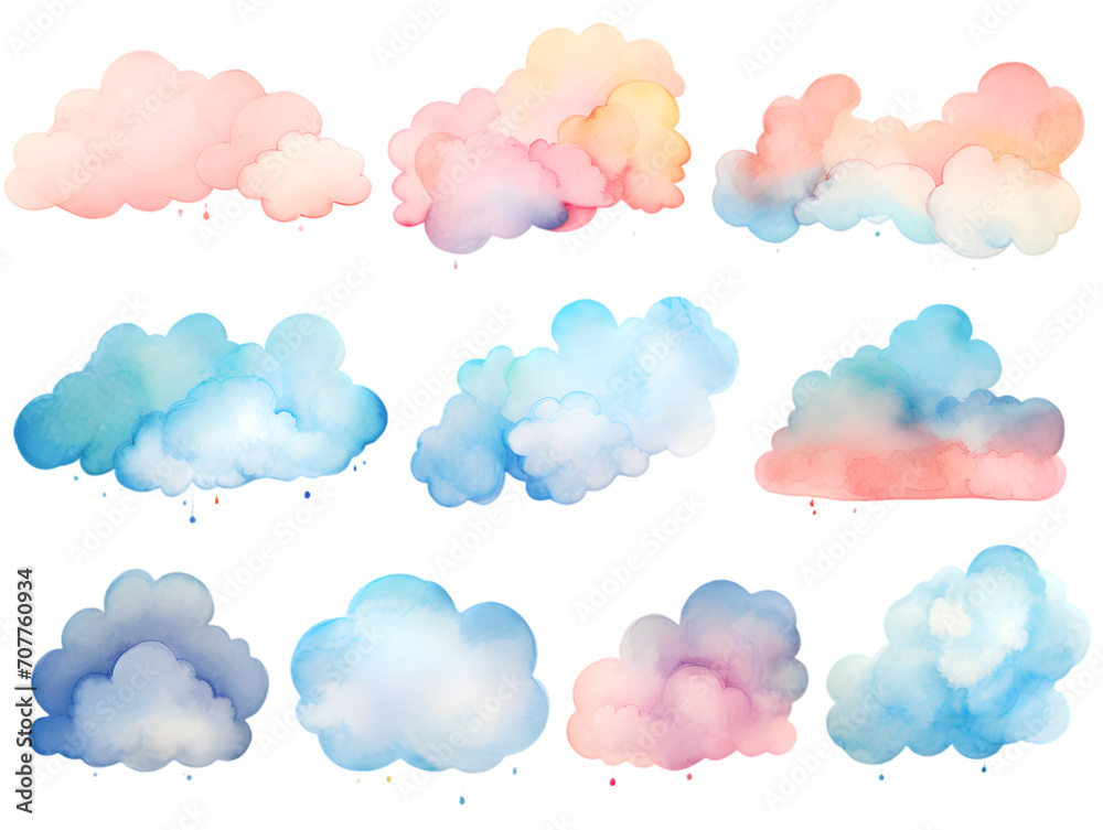 Colorful clouds watercolor collection isolated on transparent background	
