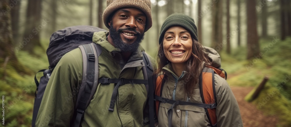 Fototapeta premium Portrait, smile and black man hiking in the forest together with his wife for travel, freedom or adventure.
