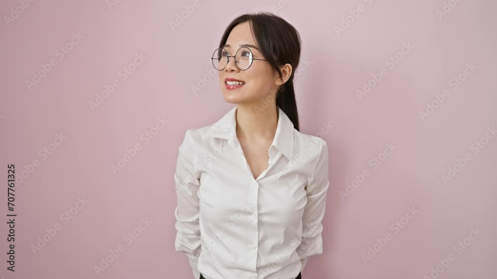 Confident young chinese woman emits radiant smile in relaxed side-profile pose, donning glasses, over isolated pink background Confident young chinese woman emits radiant smile in relaxed side-profile pose, donning glasses, over isolated pink background